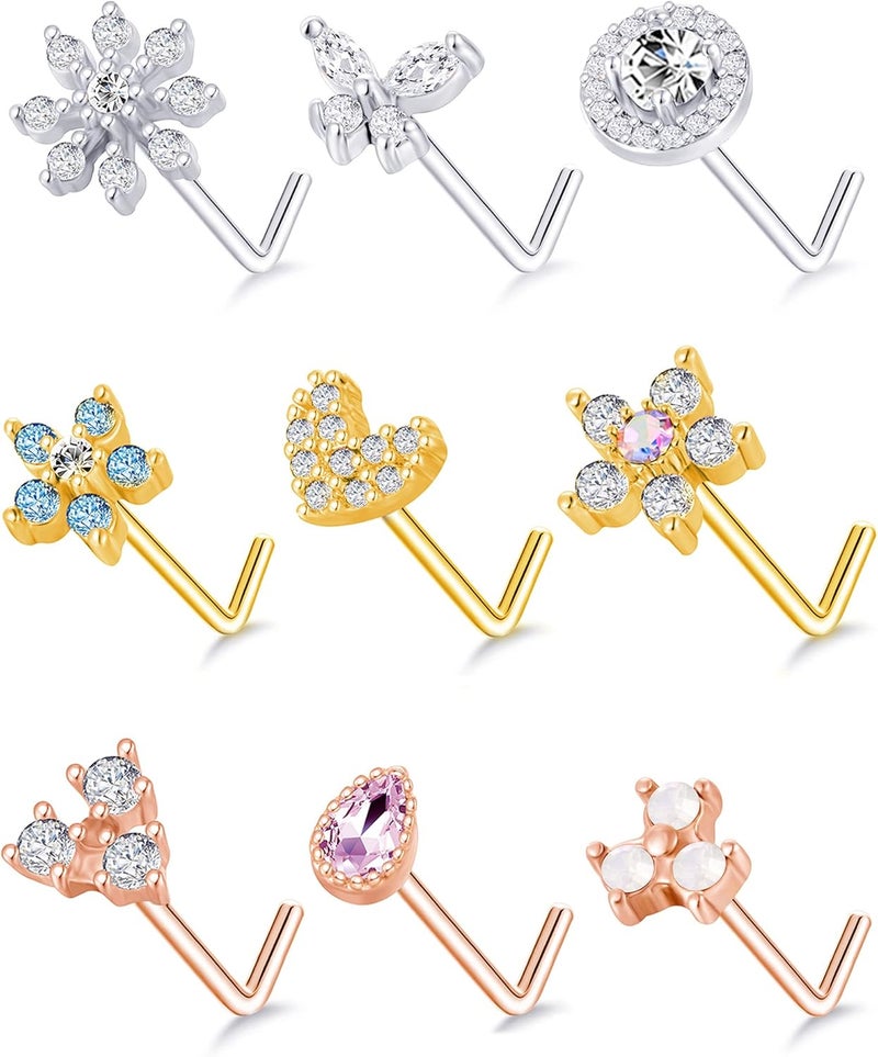 Tornito 9Pcs Nose Rings Stud L Bone Screw Shaped Nose Ring Flower CZ Snowflake Butterfly Screw Nose Stud Body Piercing Jewelry for Women Men 20G Silver Gold Rose Gold Tone - Image 1